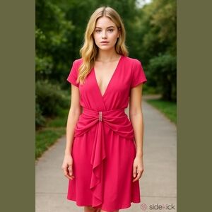 Vintage 80's Algo Big Shoulder Pad Cocktail Dress Raspberry Pink Ruched Hip Line